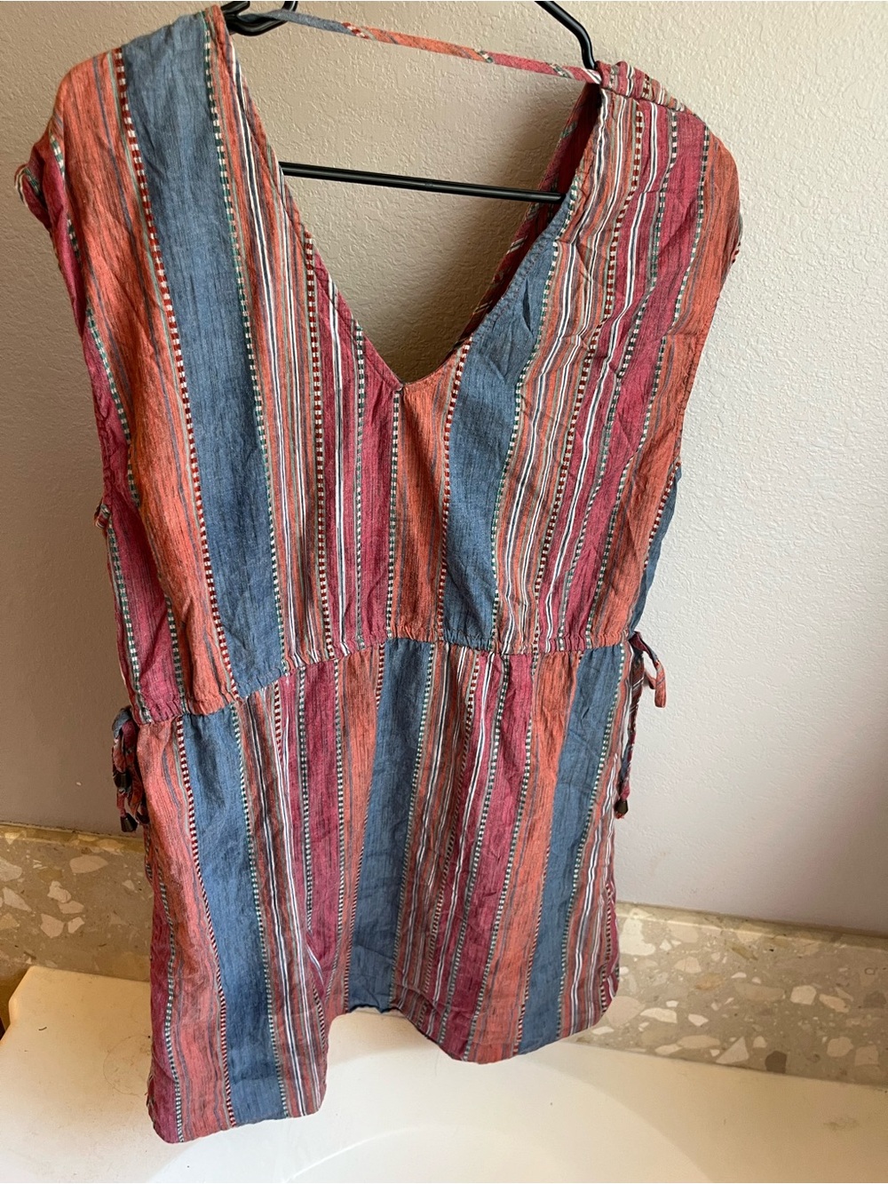 Universal Thread Striped V-Neck Tunic in Rust, Denim Blue and Mauve 100% cotton